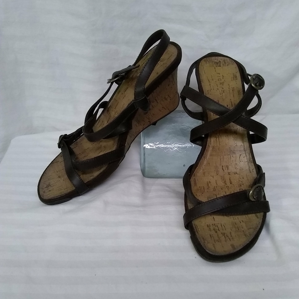 FIONI Sandals 3" Wedge Cork Heels Brown Leather Slingback Strappy 9.5M